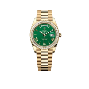 Rolex Day-Date 40 Yellow Gold Green Roman Numeral Dial Diamond Bezel M228348RBR-0040