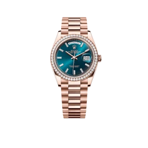 Rolex Day-Date 36mm 128345RBR Rose Gold Diamond Bezel Blue-Green Baguette Marker Dial