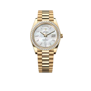 Rolex Day-Date 40 228398TBR Yellow Gold Mother of Pearl Diamond Baguette Dial and Bezel