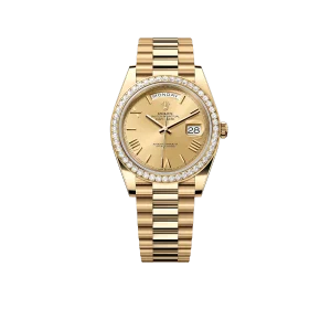 Rolex Day-Date 40 228348RBR Yellow Gold Diamond Bezel Champagne Roman Dial