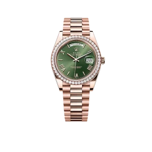 Rolex Day-Date President 40mm Everose Gold Olive Green Roman Dial Diamond Bezel - 228345RBR - New 2025